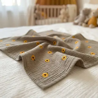 Double gauze/muslin EMBROIDERY Sunflowers beige
