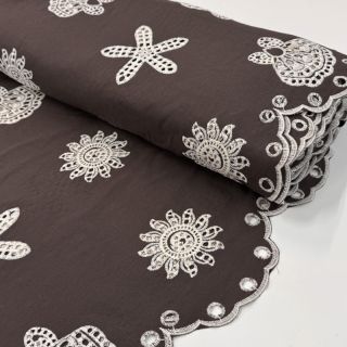 Cotton fabric EMBROIDERY Sea ornaments brown
