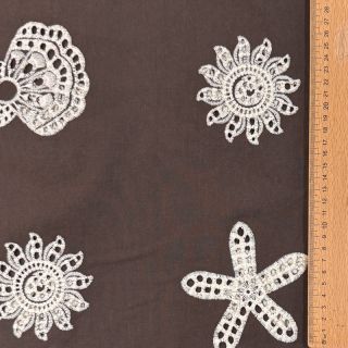 Cotton fabric EMBROIDERY Sea ornaments brown