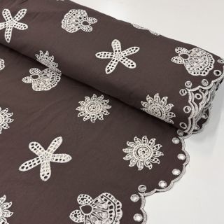 Cotton fabric EMBROIDERY Sea ornaments brown