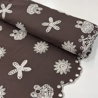 Cotton fabric EMBROIDERY Sea ornaments brown