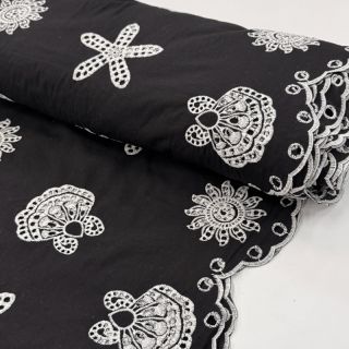 Cotton fabric EMBROIDERY Sea ornaments black