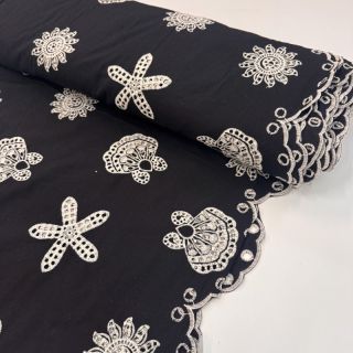 Cotton fabric EMBROIDERY Sea ornaments black