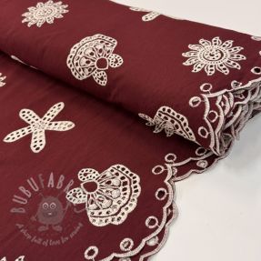 Cotton fabric EMBROIDERY Sea ornaments bordeaux