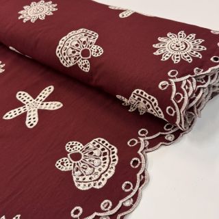 Cotton fabric EMBROIDERY Sea ornaments bordeaux