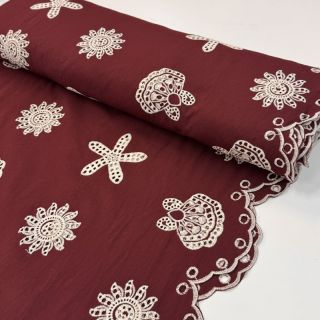 Cotton fabric EMBROIDERY Sea ornaments bordeaux