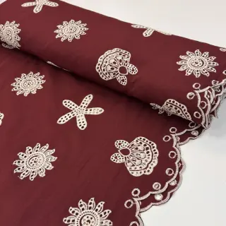 Cotton fabric EMBROIDERY Sea ornaments bordeaux