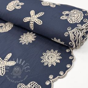 Cotton fabric EMBROIDERY Sea ornaments navy