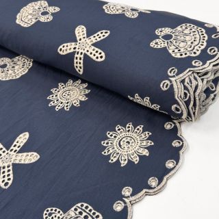 Cotton fabric EMBROIDERY Sea ornaments navy
