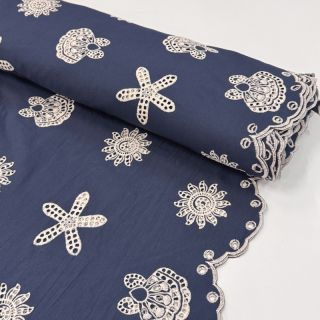 Cotton fabric EMBROIDERY Sea ornaments navy