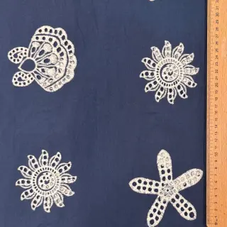 Cotton fabric EMBROIDERY Sea ornaments navy