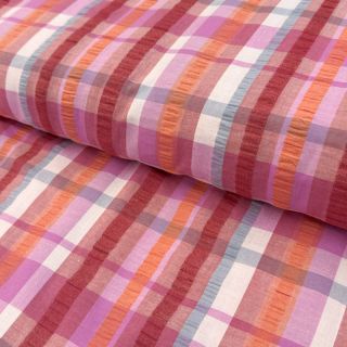 Cotton fabric SEERSUCKER YARN DYED Checks pink