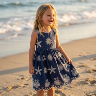 Cotton fabric EMBROIDERY Sea ornaments navy