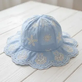 Cotton fabric EMBROIDERY Sea ornaments light blue