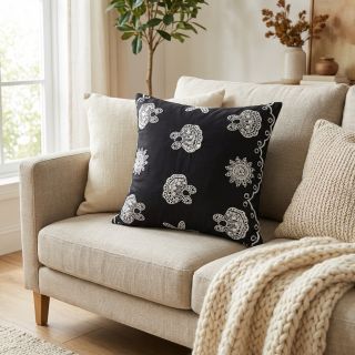 Cotton fabric EMBROIDERY Sea ornaments black