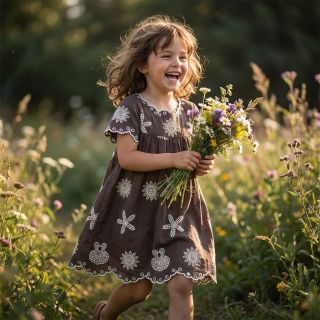 Cotton fabric EMBROIDERY Sea ornaments brown