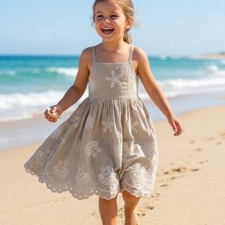 Cotton fabric EMBROIDERY Sea ornaments natural
