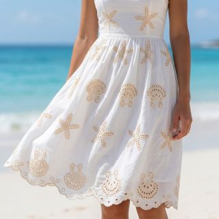 Cotton fabric EMBROIDERY Sea ornaments white