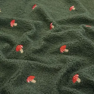 Coat fabric EMBROIDERY Little mushrooms green