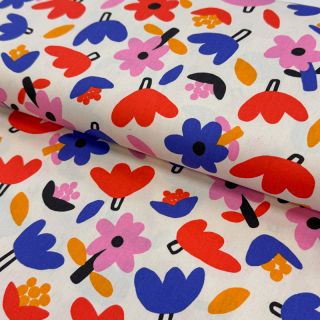 Cotton fabric Flowers natural/blue by JENNIFER BOURON ORGANIC