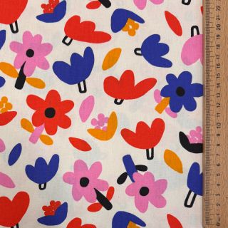 Cotton fabric Flowers natural/blue by JENNIFER BOURON ORGANIC