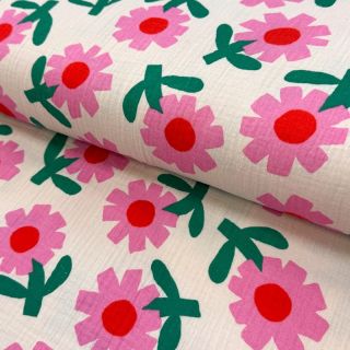 Double gauze/muslin Flowers natural/pink by JENNIFER BOURON ORGANIC