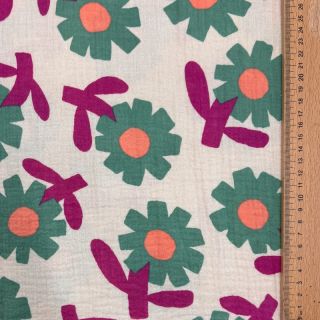 Double gauze/muslin Flowers green by JENNIFER BOURON ORGANIC