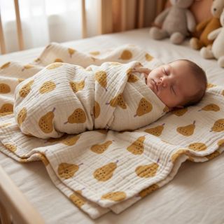 Double gauze/muslin Pears ochre by JENNIFER BOURON ORGANIC