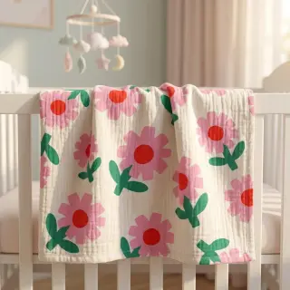 Double gauze/muslin Flowers natural/pink by JENNIFER BOURON ORGANIC