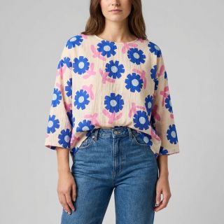 Double gauze/muslin Flowers blue by JENNIFER BOURON ORGANIC