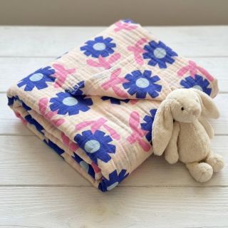 Double gauze/muslin Flowers blue by JENNIFER BOURON ORGANIC