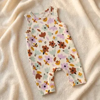 Cotton fabric Flowers natural/lavender by JENNIFER BOURON ORGANIC