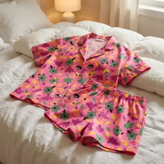 Cotton fabric Flowers pink by JENNIFER BOURON ORGANIC
