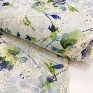 Cotton fabric with a blend EMBROIDERY Rose green