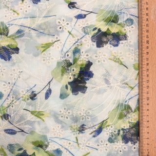 Cotton fabric with a blend EMBROIDERY Rose green