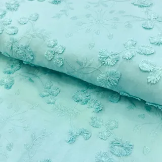 Cotton fabric EMBROIDERY Catchy leaves aqua