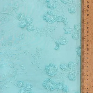 Cotton fabric EMBROIDERY Catchy leaves aqua