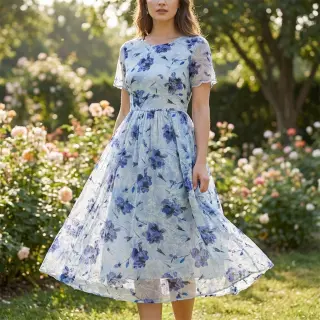 Cotton fabric with a blend EMBROIDERY Rose blue