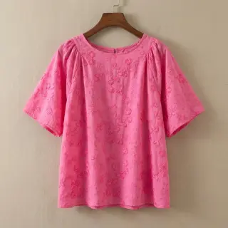 Cotton fabric EMBROIDERY Catchy leaves pink