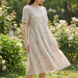 Cotton fabric EMBROIDERY Catchy leaves beige