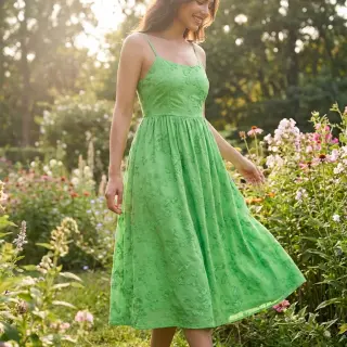 Cotton fabric EMBROIDERY Catchy leaves green