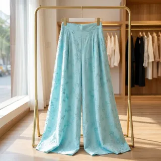 Cotton fabric EMBROIDERY Catchy leaves aqua