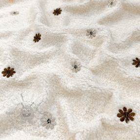 Coat fabric TEDDY EMBROIDERY Smiley flowers choco