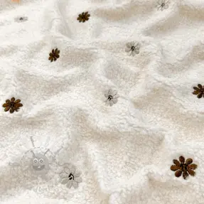 Coat fabric TEDDY EMBROIDERY Smiley flowers choco