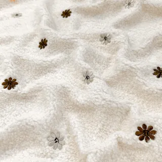 Coat fabric TEDDY EMBROIDERY Smiley flowers choco