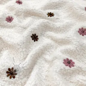 Coat fabric TEDDY EMBROIDERY Smiley flowers old pink