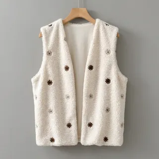 Coat fabric TEDDY EMBROIDERY Smiley flowers choco