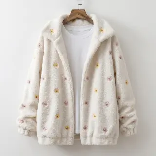 Coat fabric TEDDY EMBROIDERY Smiley flowers yellow
