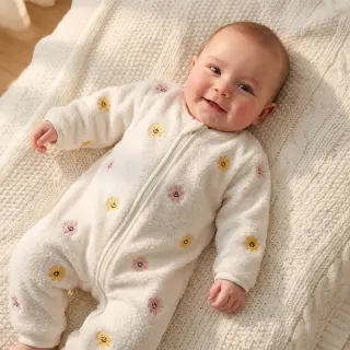Coat fabric TEDDY EMBROIDERY Smiley flowers yellow