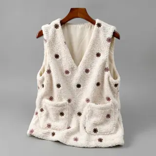 Coat fabric TEDDY EMBROIDERY Smiley flowers old pink